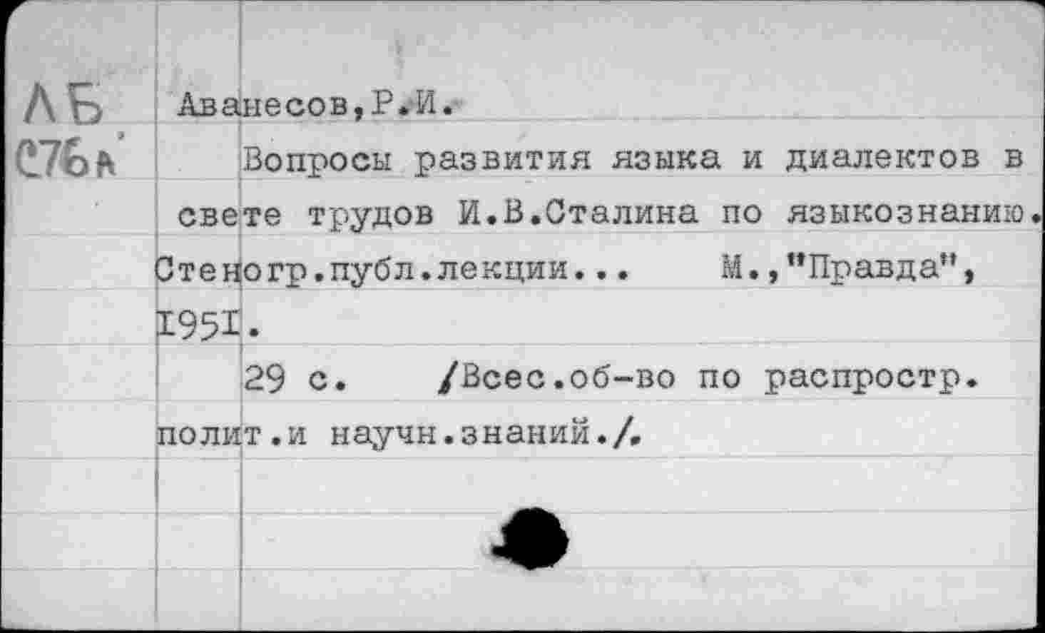 ﻿ЛБ	Аванесов,Р.-И.
С7Б*	Вопросы развития языка и диалектов в
	свете трудов И.В.Сталина по языкознанию
	Стеногр.публ.лекции...	М.,"Правда”,
	19%.
	29 с.	/Всес.об-во по распростр.
	полит .и научн.знаний./.
	
	
	